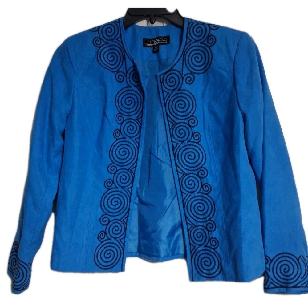 Women's Linear Blue Faux Suede Lined Blazer Jacket Size PM Petite Medium
